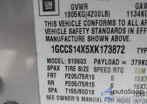 1999 Chevrolet S-10 Ls z USA, uszkodzony, nr VIN 1GCCS14X5XK173872